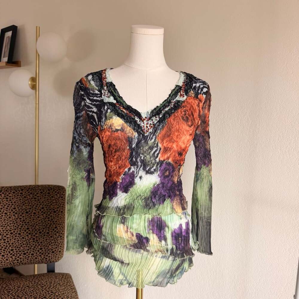 Alberto Makali Vintage Y2K Crinkled Floral Long Sleeve Blouse Size S